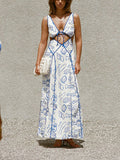 Nautical Print Tie Front Cut Out Side Panel Maxi Dress