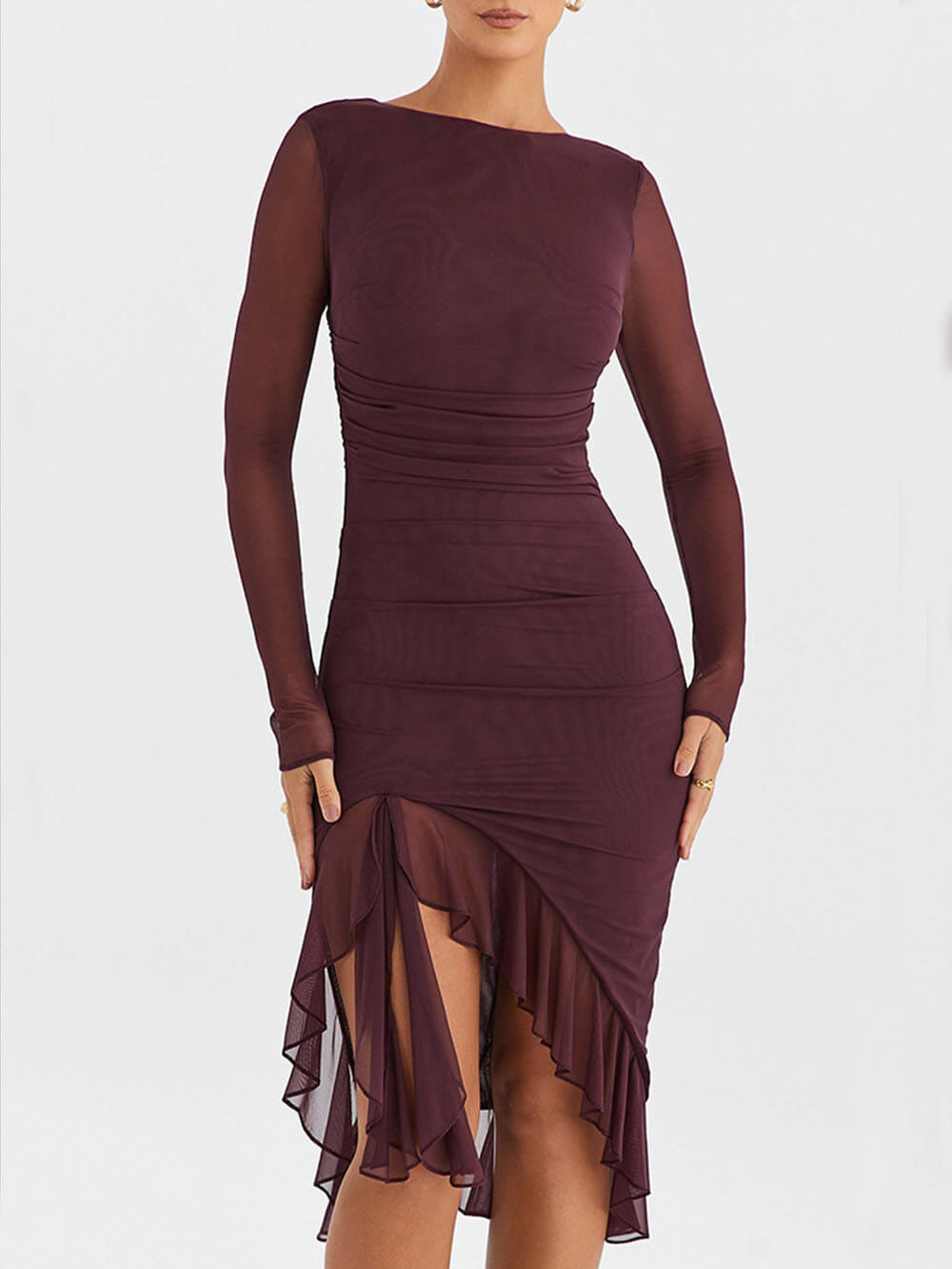 Boat Neck Mesh Sleeve Horizontal Ruched High Low Ruffle Hem Midi Dress