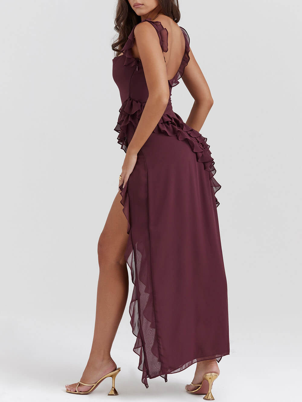 Ruffle Strap Side Slit Cascading Ruffle Hem Maxi Dress
