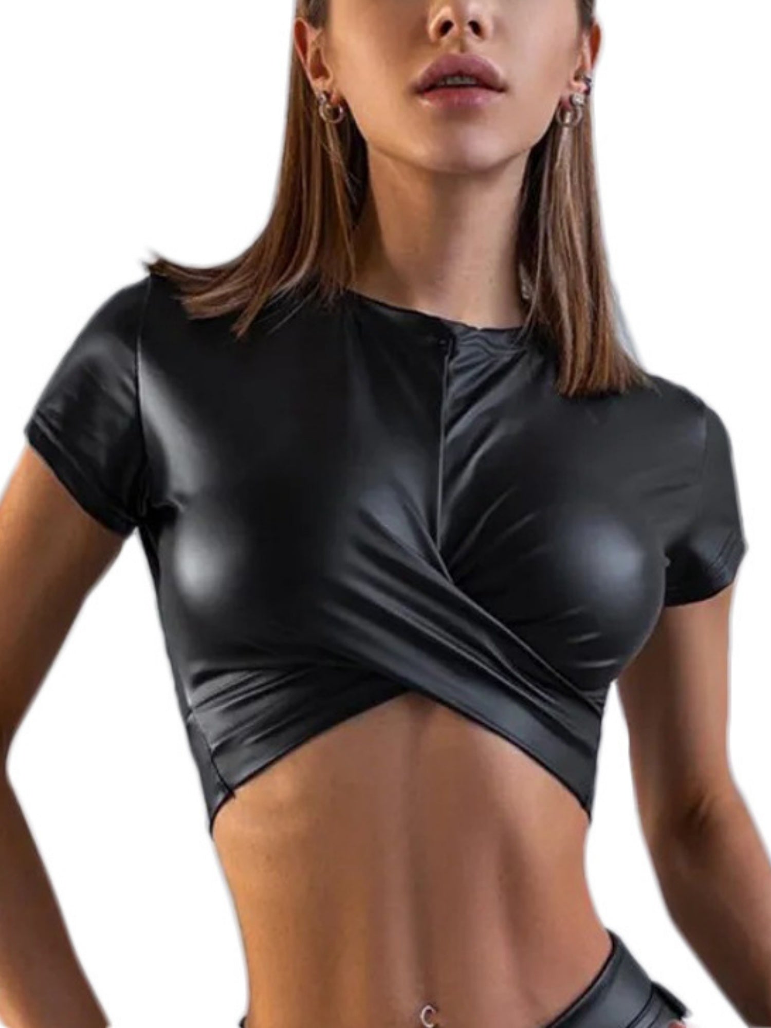 PU Glossy Patent Leather Cross-over Crop Top