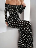 Polka Dots Off-shoulder Long Sleeves Slim Fit Hip Body Maxi Dresses