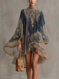 High-neck Printed Chiffon Loose-fitting Resort-style Shawl Long-sleeved Short Dress