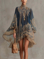 High-neck Printed Chiffon Loose-fitting Resort-style Shawl Long-sleeved Short Dress