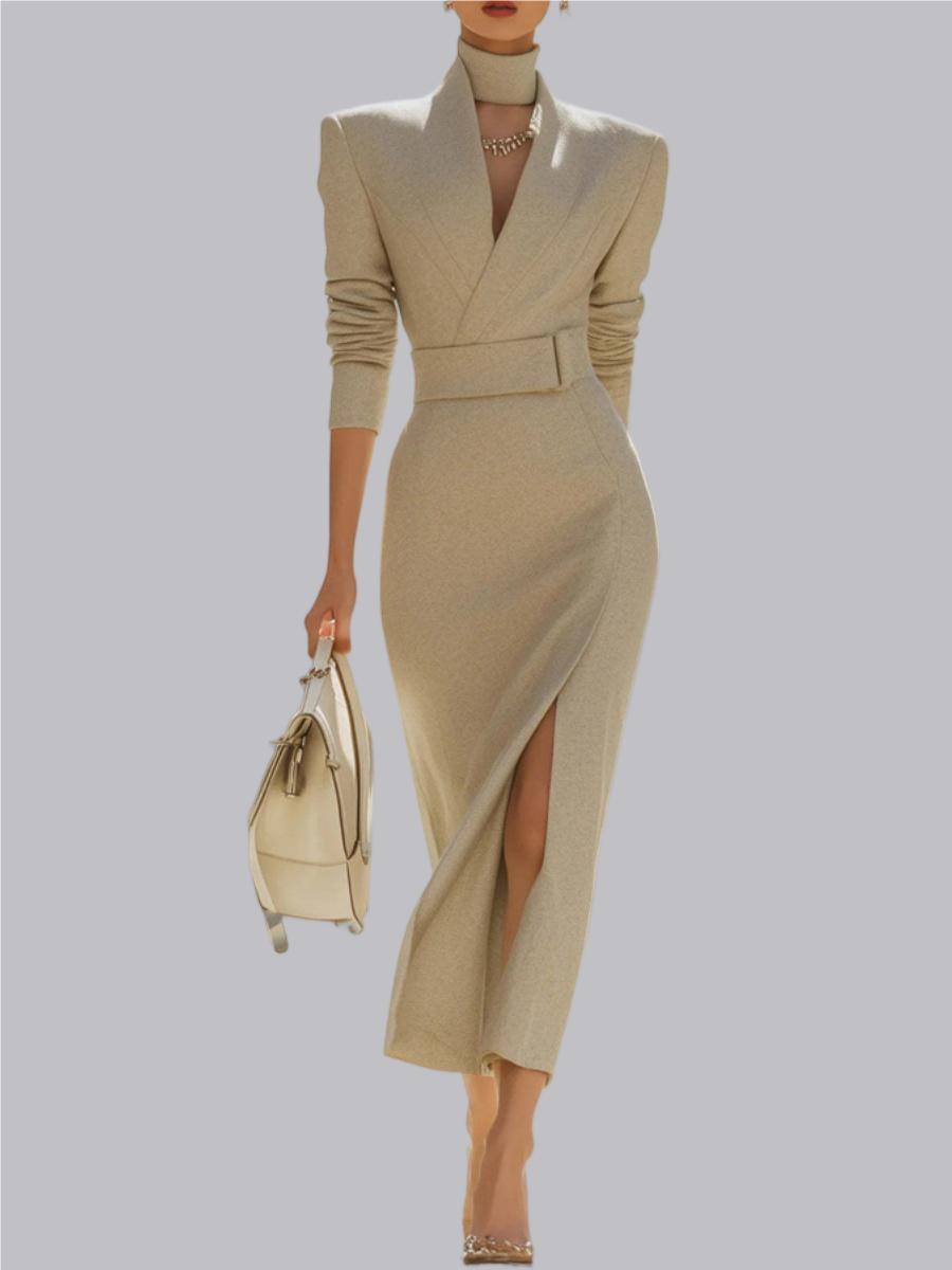 Hip-hugging Slit V-neck Belts&Chain Midi Dresses