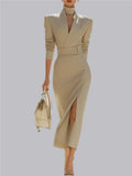 Hip-hugging Slit V-neck Belts&Chain Midi Dresses