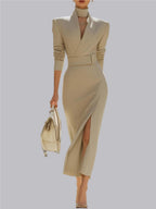 Hip-hugging Slit V-neck Belts&Chain Midi Dresses