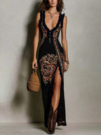 Digital Printing Sleeveless Vest With Ruffled Trim And Slit Long Dress