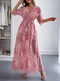 Printed Straps V-neck Short Sleeve Slit Maxi Dresses