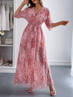 Printed Straps V-neck Short Sleeve Slit Maxi Dresses