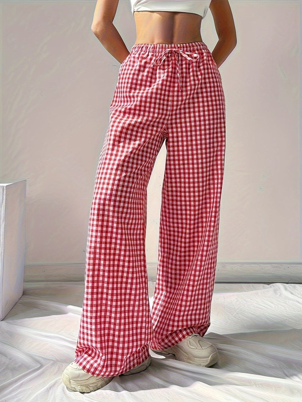 Plaid Lace Up Loose-fit Pants