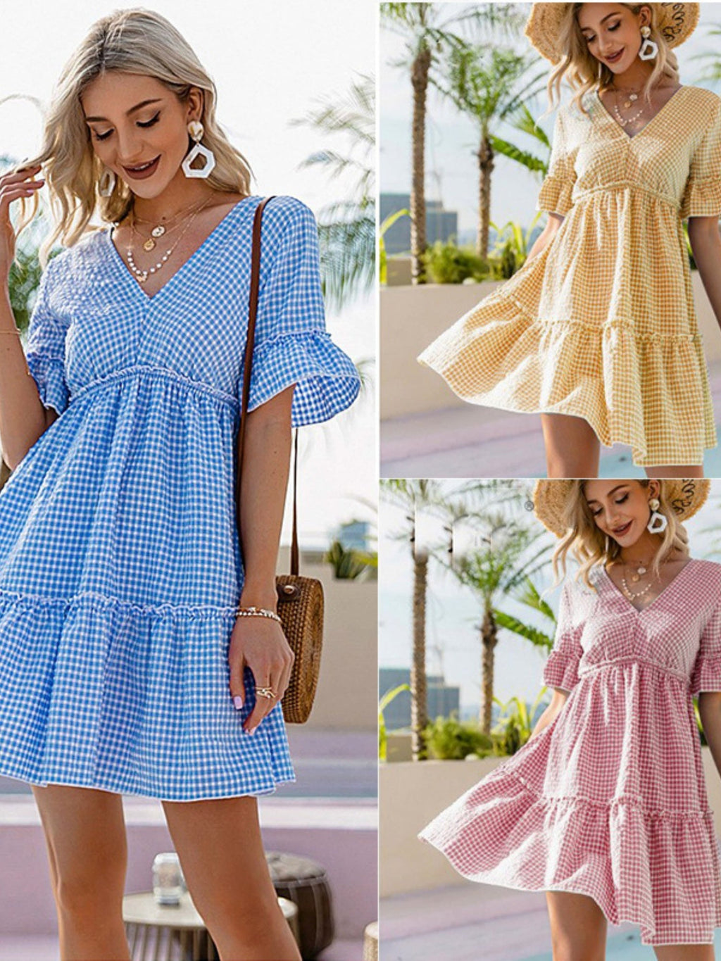 Plaid Ruffled Sleeves V-neck Tie Mini&Short Dresses
