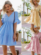 Plaid Ruffled Sleeves V-neck Tie Mini&Short Dresses