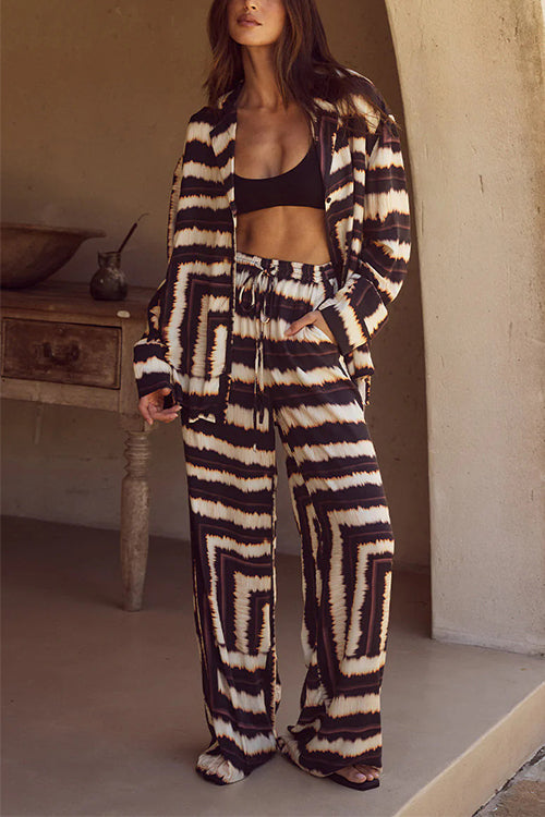 Printed Notch Lapel Button Down Shirt Drawstring Waist Wide Leg Pants
