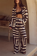 Printed Notch Lapel Button Down Shirt Drawstring Waist Wide Leg Pants
