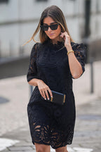 Mock Neck Guipure Lace Scalloped Elbow Sleeve Shift Mini Dress