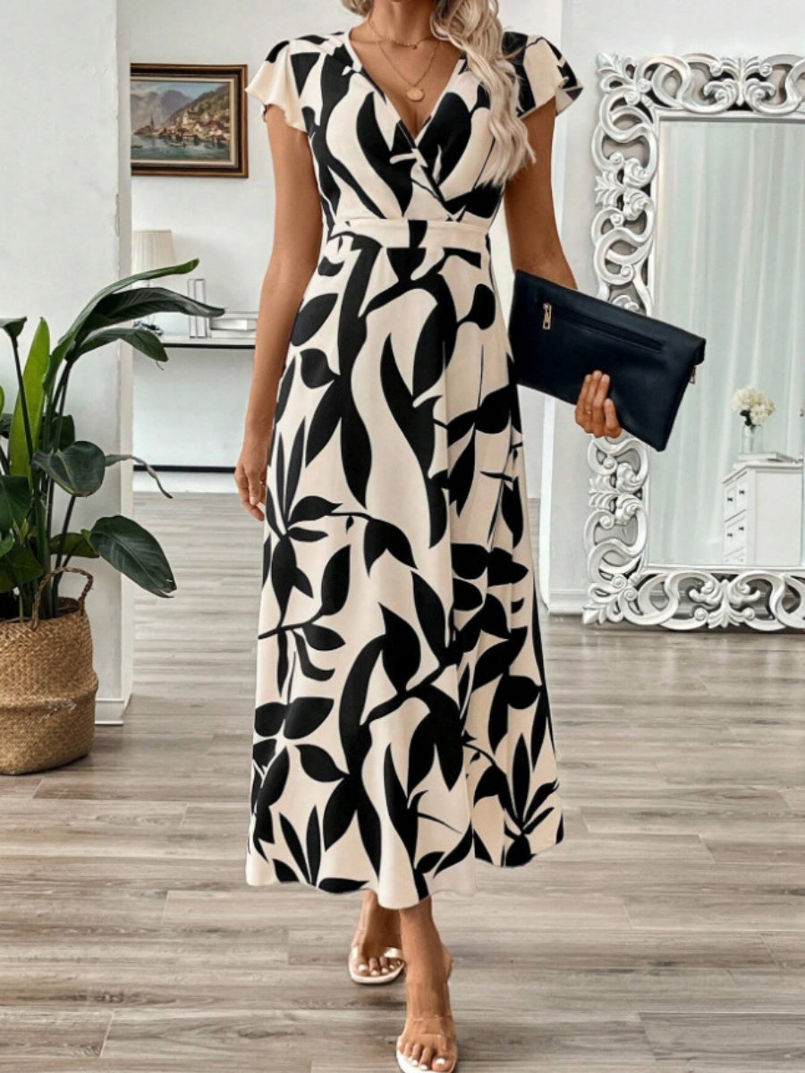 V-neck Ruffle Printed Vacation And Leisure Maxi Dresses