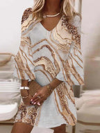 Marble Print V-Neck Bell Sleeve Tiered Cuff Mini Dress