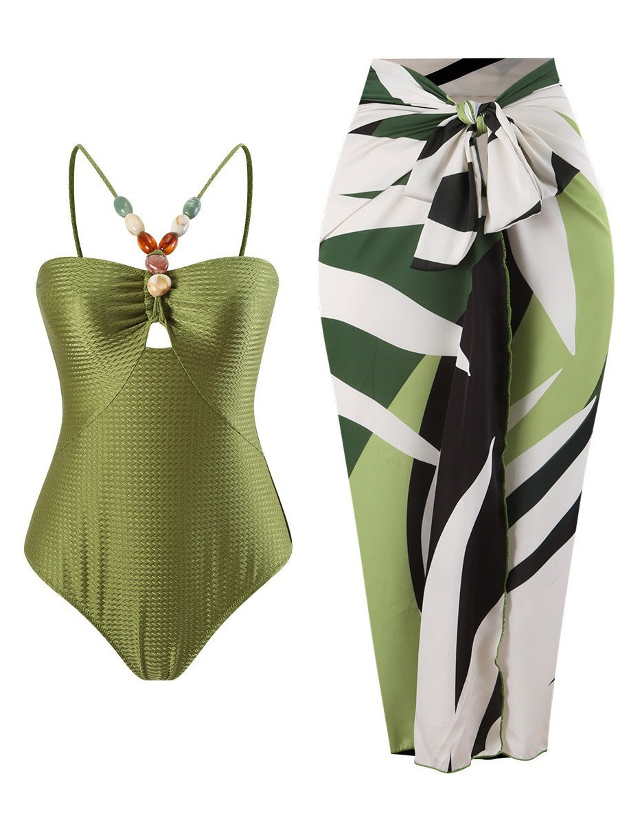 One-piece Swimsuit With Multi-colored Hollowed-out Gemstone Halter Straps, French Style.