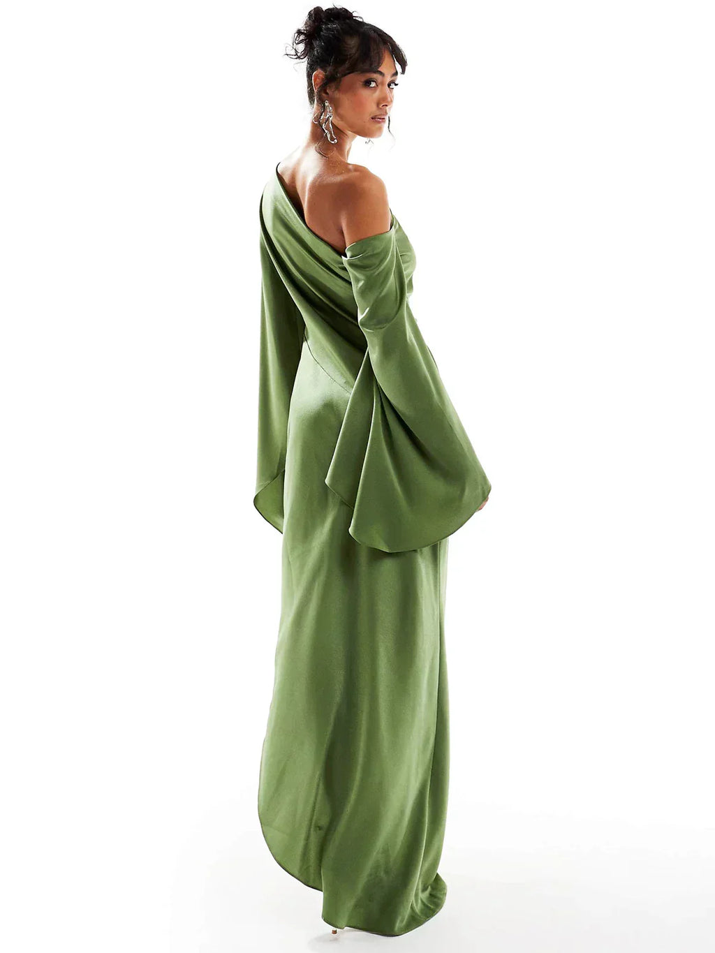 Satin One Shoulder Draped Cape Sleeve High Split Maxi Dress