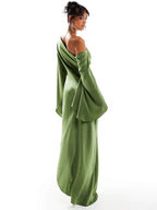 Satin One Shoulder Draped Cape Sleeve High Split Maxi Dress