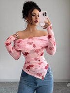 Mesh Printed Off Shoulder Irregular Hem Long Sleeve T-shirts