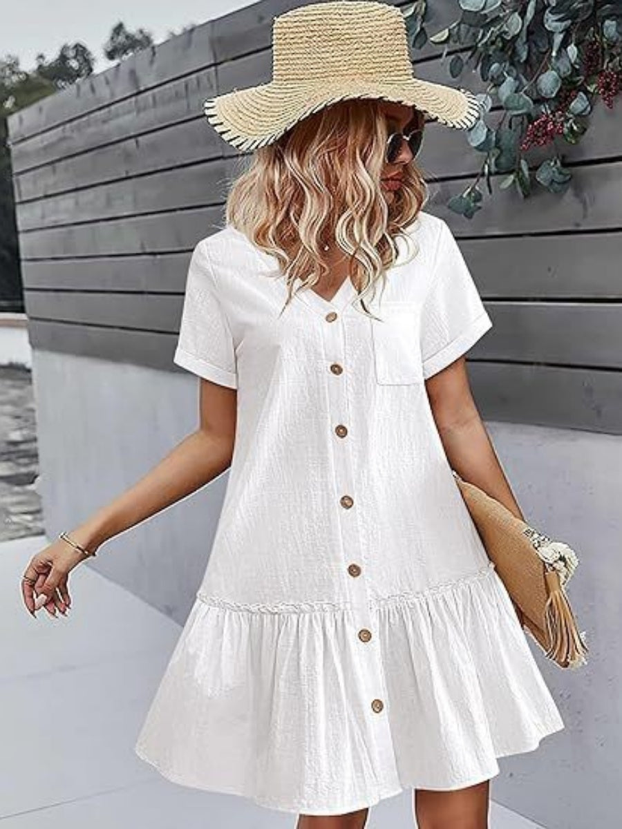 Single Row V-neck Loose-fit Short Sleeve Mini&Short Dresses