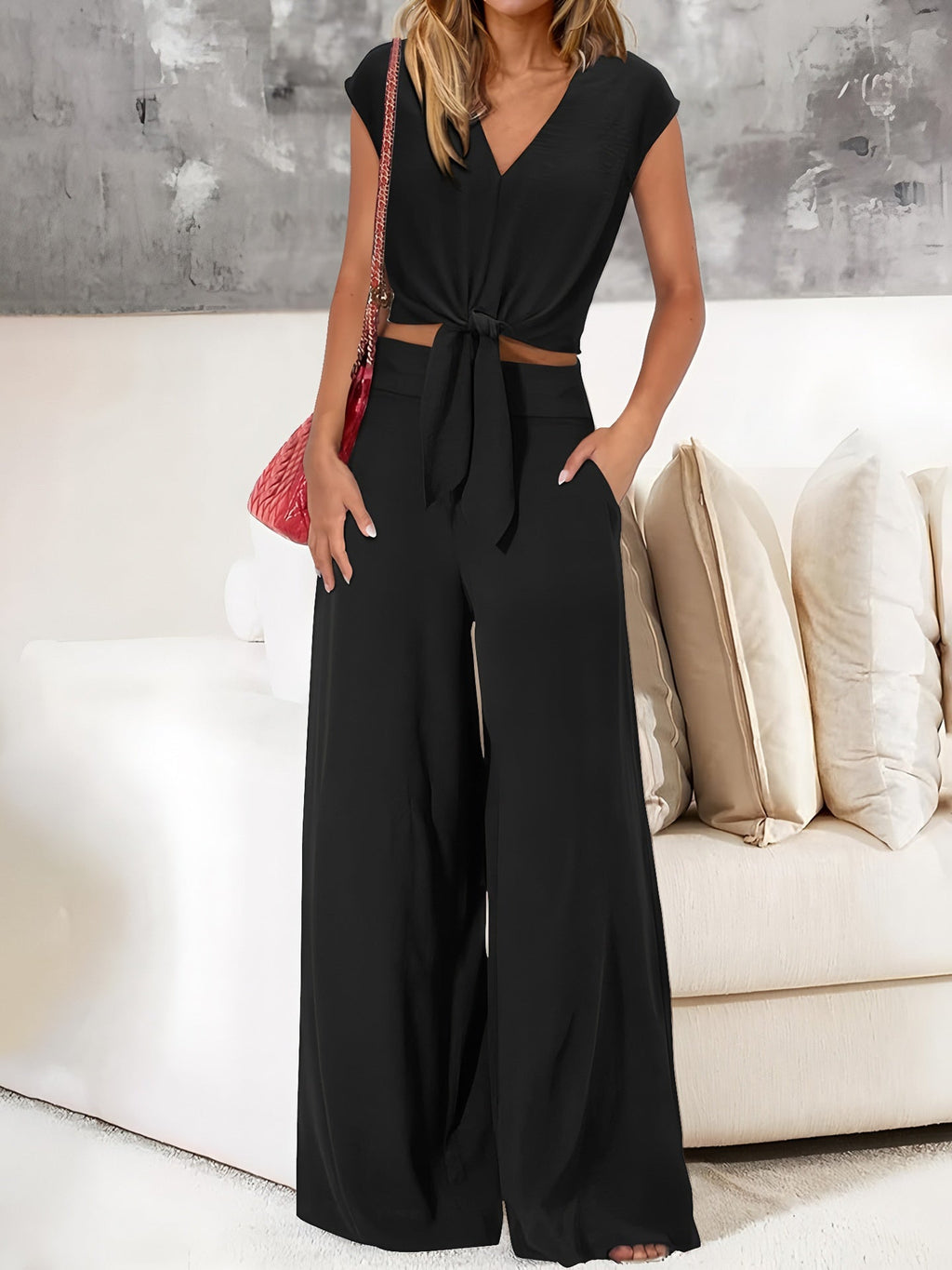 V-neck Tie-up Cropped Wide-leg Pants Two-piece Set