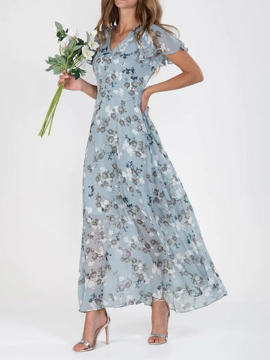 Chiffon Floral Print Short-sleeved Ruffled V-neck Long Dress