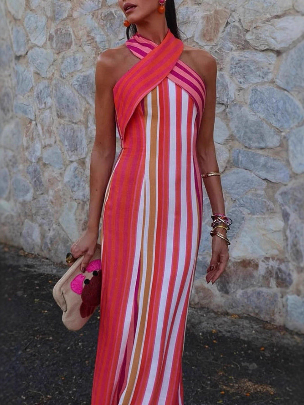 Stripes Cross-neck Sleeveless Fit Maxi Dresses