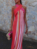 Stripes Cross-neck Sleeveless Fit Maxi Dresses