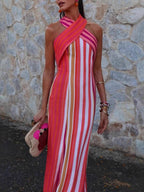 Stripes Cross-neck Sleeveless Fit Maxi Dresses