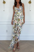 V Neck Ruffle Trim Floral Print Maxi Cami Dress