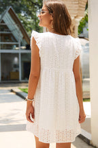V-Neck Eyelet Lace Flutter Sleeve Pocket Babydoll Mini Dress