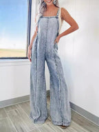 Washed Wide-leg Jumpsuit With Frayed Edges