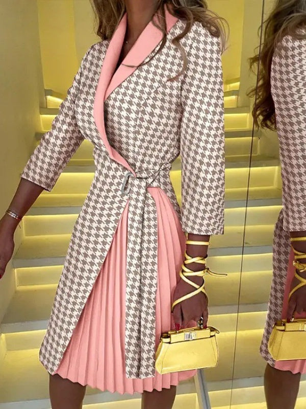 V-neck, Tie-waist, Mid-length Sleeve, Pleated Short Dress