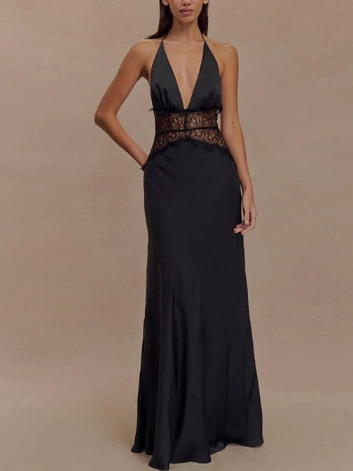 Deep V-neck Silk Satin Maxi Dress With Halter Neck And Cinched Waist