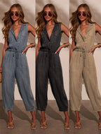 Denim Waist Cinching With Straps V-neck Sleeveless Loose-fit Jumpsuits