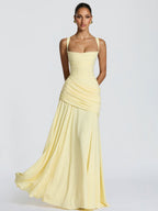 Pleated Waist-cinching And Backless Fish Tail Low-cut Halter Top Maxi Dresses