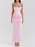 Satin Belted Strapless Off-the-shoulder Fishbone Pleated Long Bodycon Dress