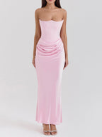 Satin Belted Strapless Off-the-shoulder Fishbone Pleated Long Bodycon Dress