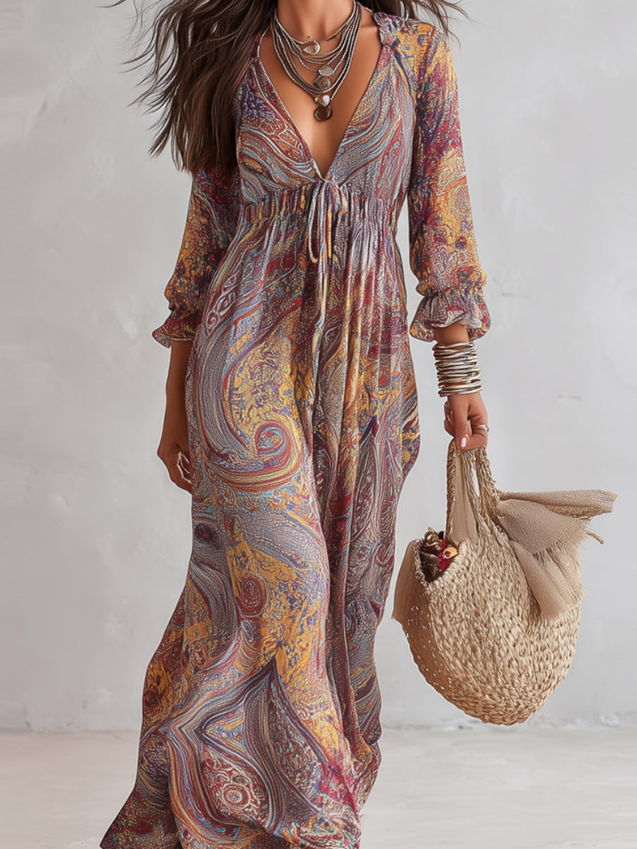 Hippie Style Paisley Print V-neck Vacation Maxi Dresses