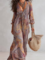 Hippie Style Paisley Print V-neck Vacation Maxi Dresses