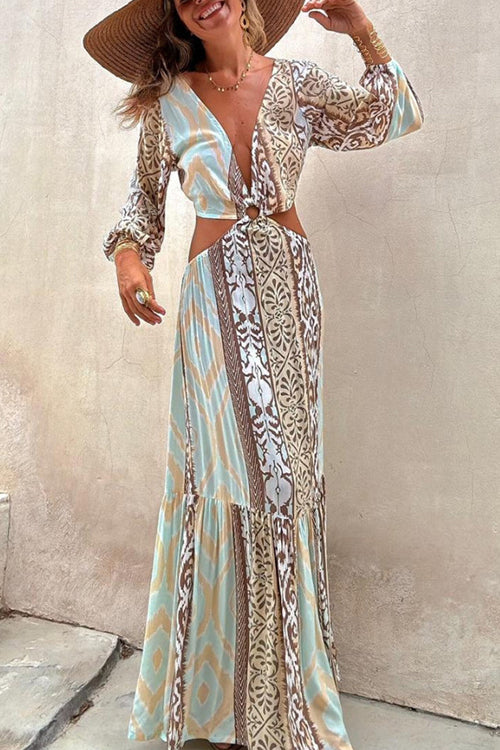 Patchwork Ikat Print V-Neck Wrap Tiered Ruffle Mini Dress