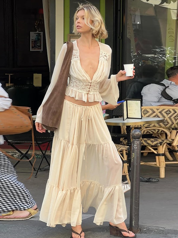 Two-piece Set: Lace Chiffon Cardigan Top, Loose-fitting Sheer Belted Skirt