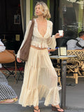 Two-piece Set: Lace Chiffon Cardigan Top, Loose-fitting Sheer Belted Skirt