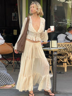 Two-piece Set: Lace Chiffon Cardigan Top, Loose-fitting Sheer Belted Skirt