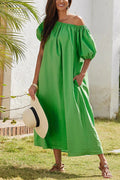 Off Shoulder Puff Sleeves Pocketed Baggy Midi Dress