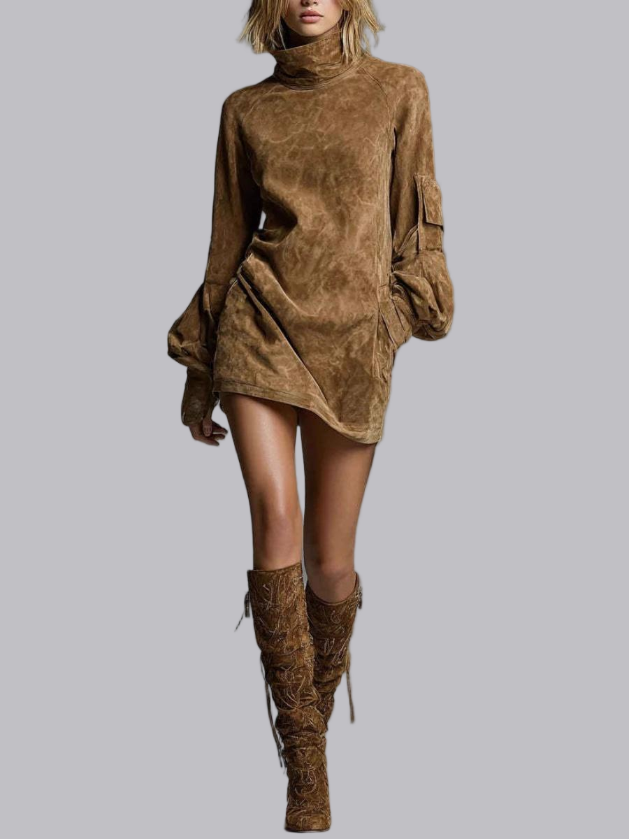 Old Deerskin High-necked Long-sleeved Pocket Mini&Short Dresses