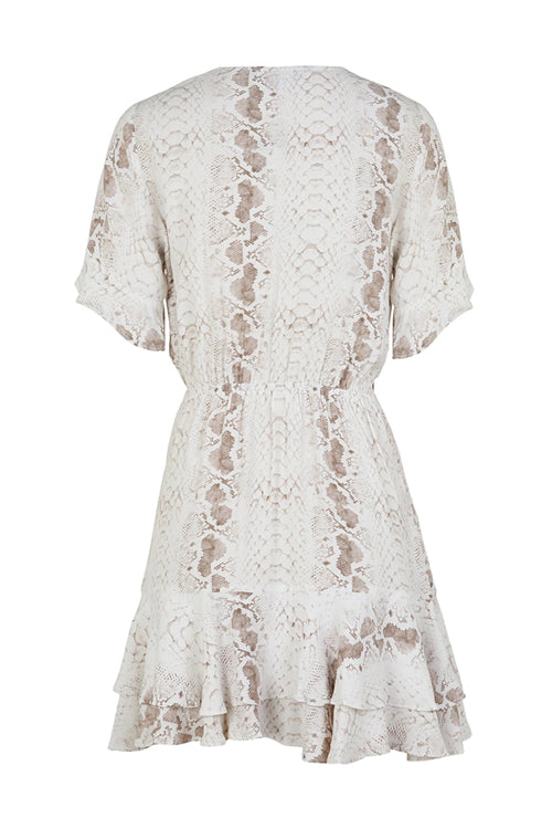 Snake Print V-Neck Tie Waist Flutter Sleeve Ruffle Hem Mini Dress