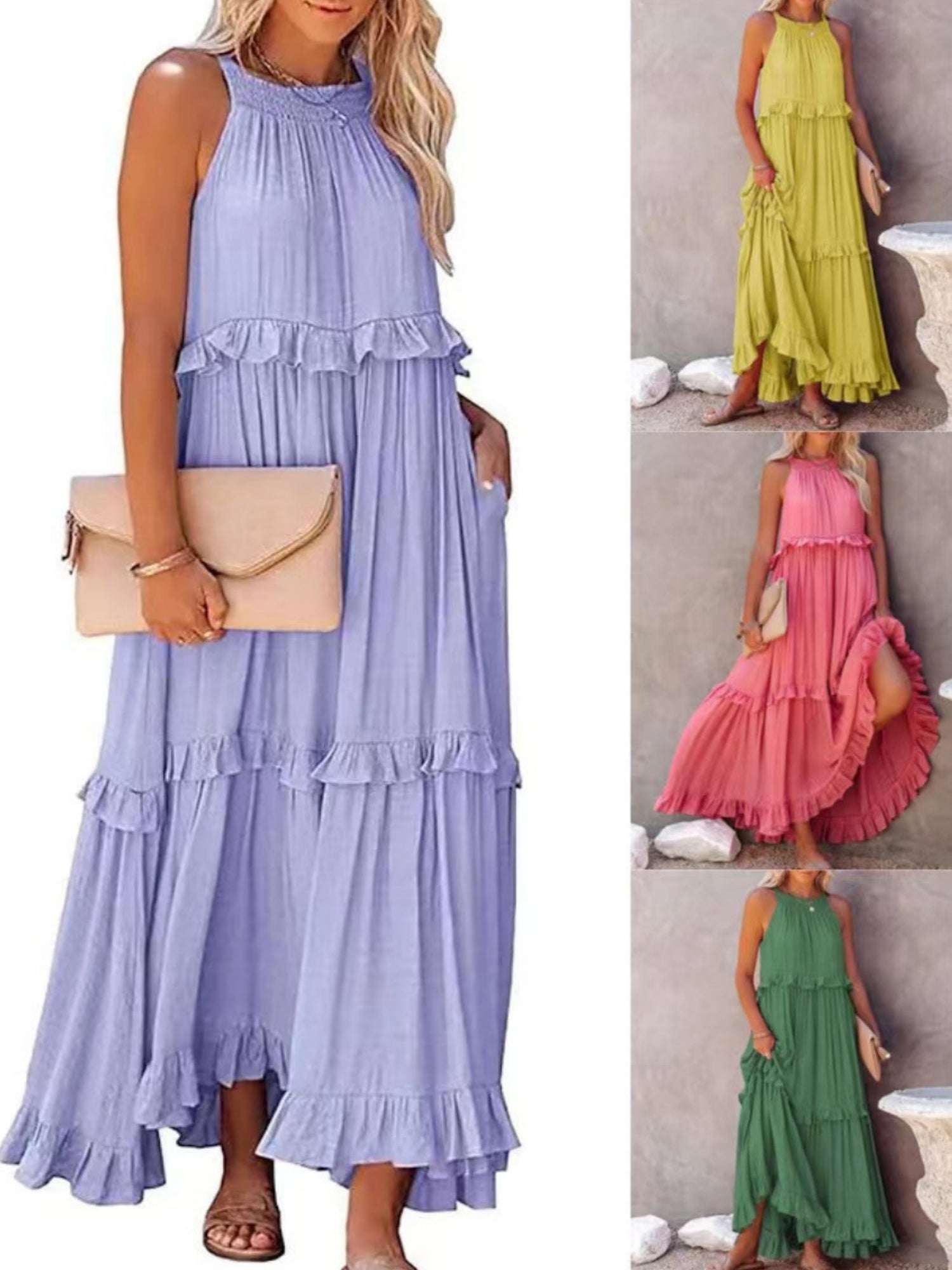 Ruffle Pleated Large Skirt Sleeveless Maxi Dresses